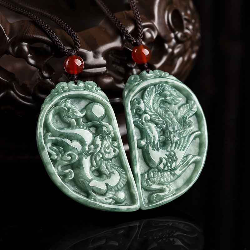 Matching Couple Necklaces - Dragon & Phoenix Jade Pendant Necklace