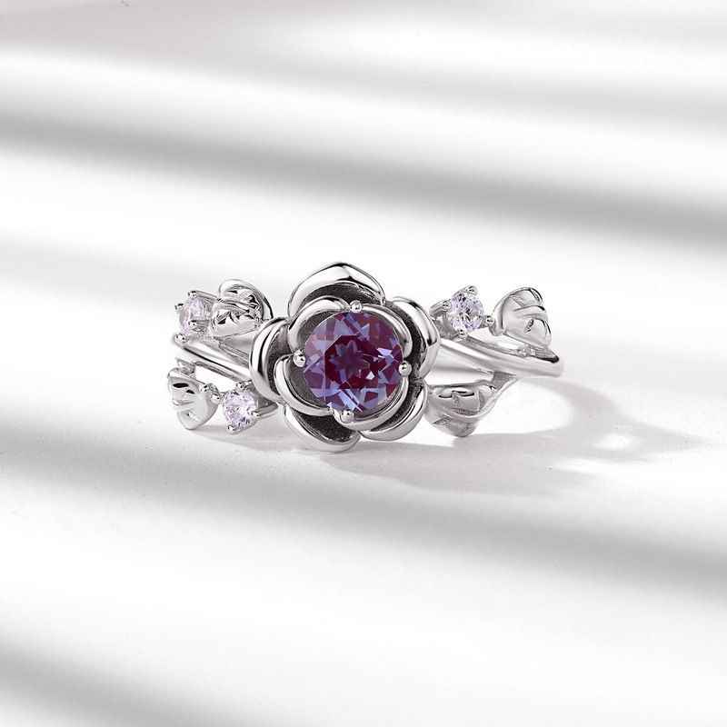 Alexandrite Wedding Rings - Silver Flower Ring