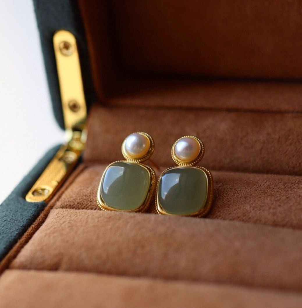 Jade and Pearl Earrings - Dainty Jewelry