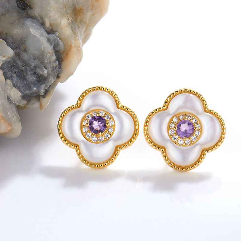 Real Amethyst Earrings - Four Leaf Clover Earrings