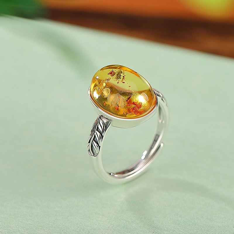 Amber Silver Ring - Natural Gemstone Ring