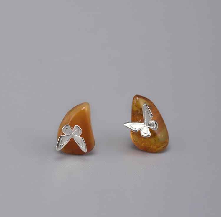 Natural Baltic Sea Amber Stud Earrings - Butterfly Earrings