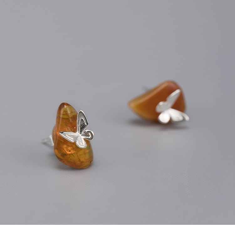 Natural Baltic Sea Amber Stud Earrings - Butterfly Earrings