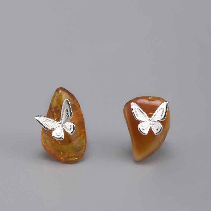 Natural Baltic Sea Amber Stud Earrings - Butterfly Earrings