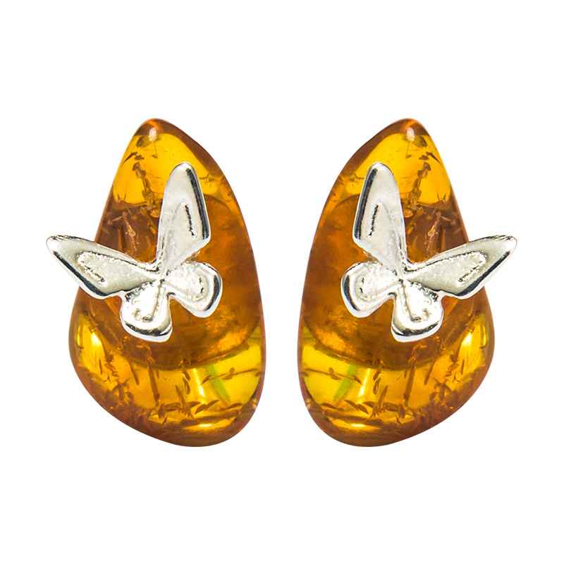 Natural Baltic Sea Amber Stud Earrings - Butterfly Earrings