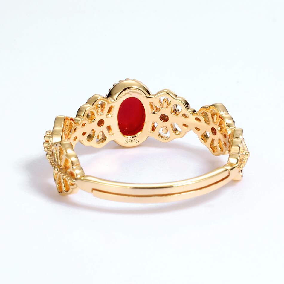 Gold Red Coral Ring - Vintage Silver Ring