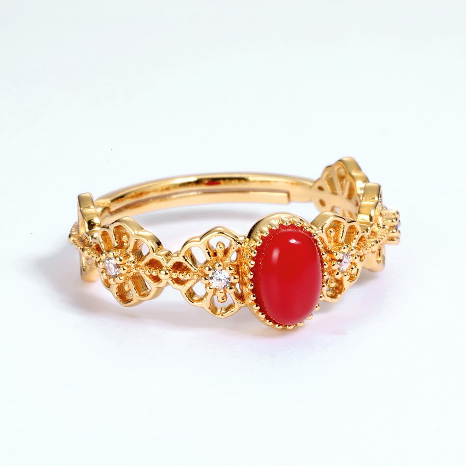 Gold Red Coral Ring - Vintage Silver Ring