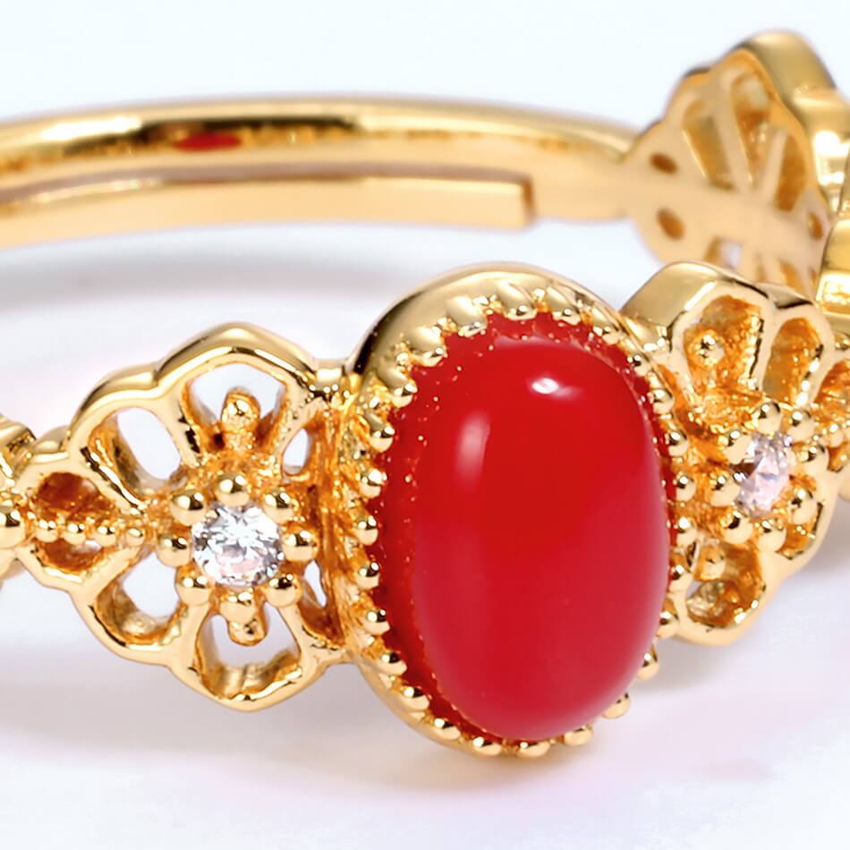 Gold Red Coral Ring - Vintage Silver Ring