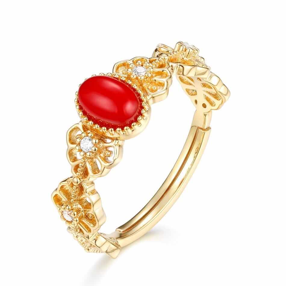 Gold Red Coral Ring - Vintage Silver Ring