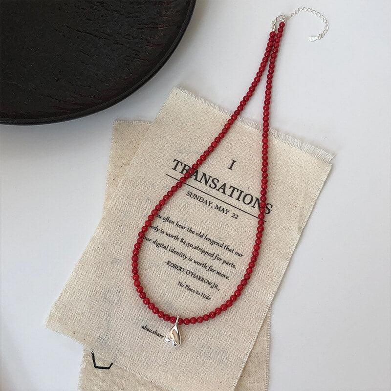 Red Bamboo Coral Necklace - Inverted Heart Charm Necklace