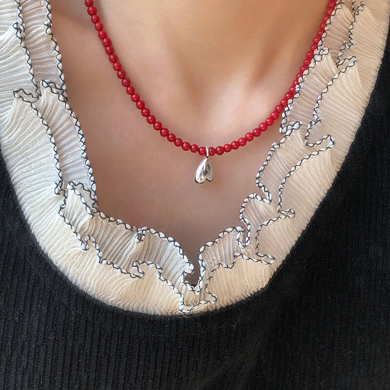 Red Bamboo Coral Necklace - Inverted Heart Charm Necklace