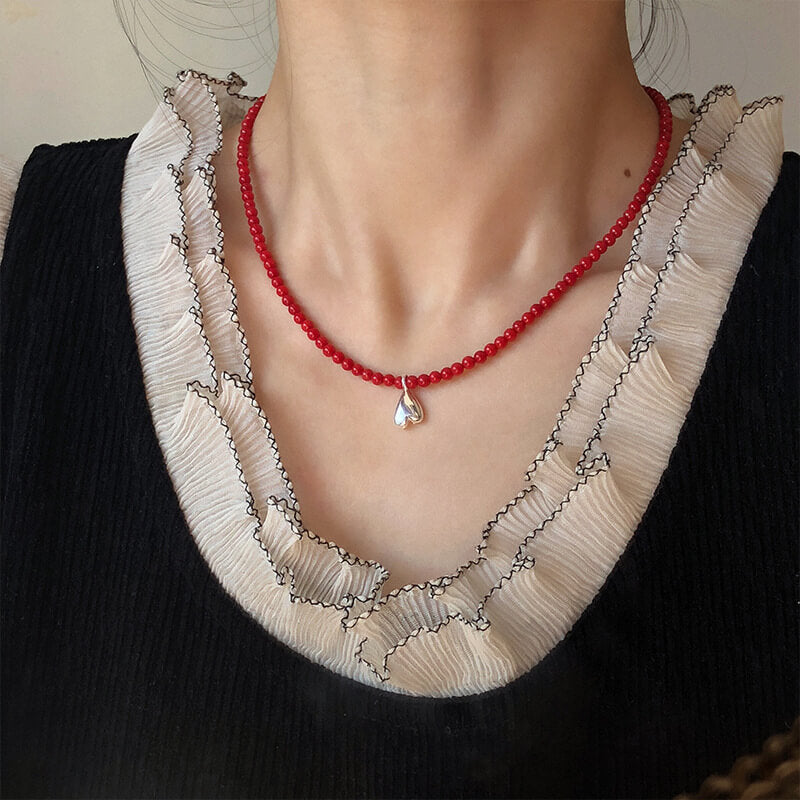 Red Bamboo Coral Necklace - Inverted Heart Charm Necklace