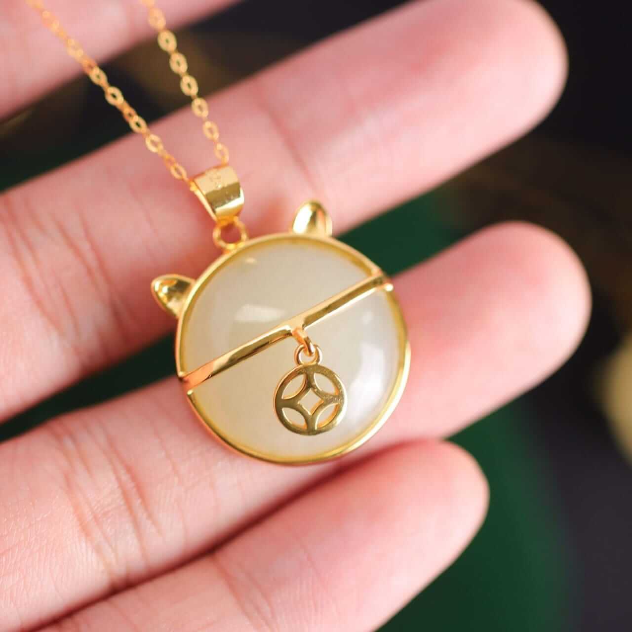 Feng Shui Coin Necklace - Lucky Cat Jade Pendant Necklace