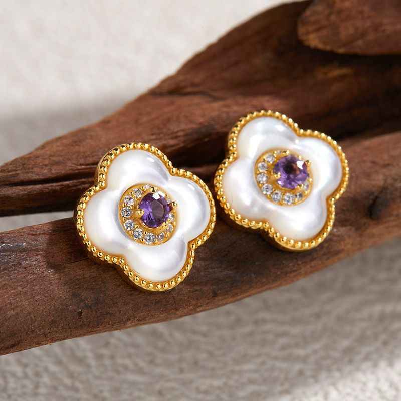 Real Amethyst Earrings - Four Leaf Clover Earrings