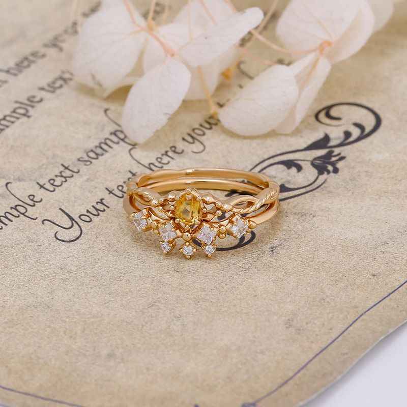 Citrine Bridal Wedding Ring Sets - Crown Rings