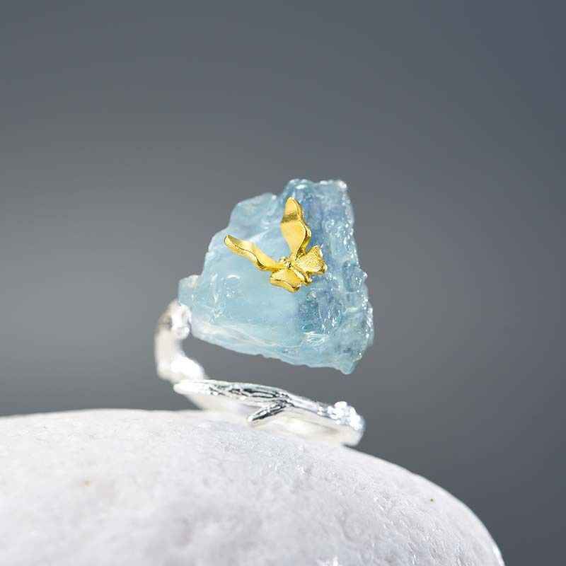 Aquamarine Siver Ring - Butterfly Ring