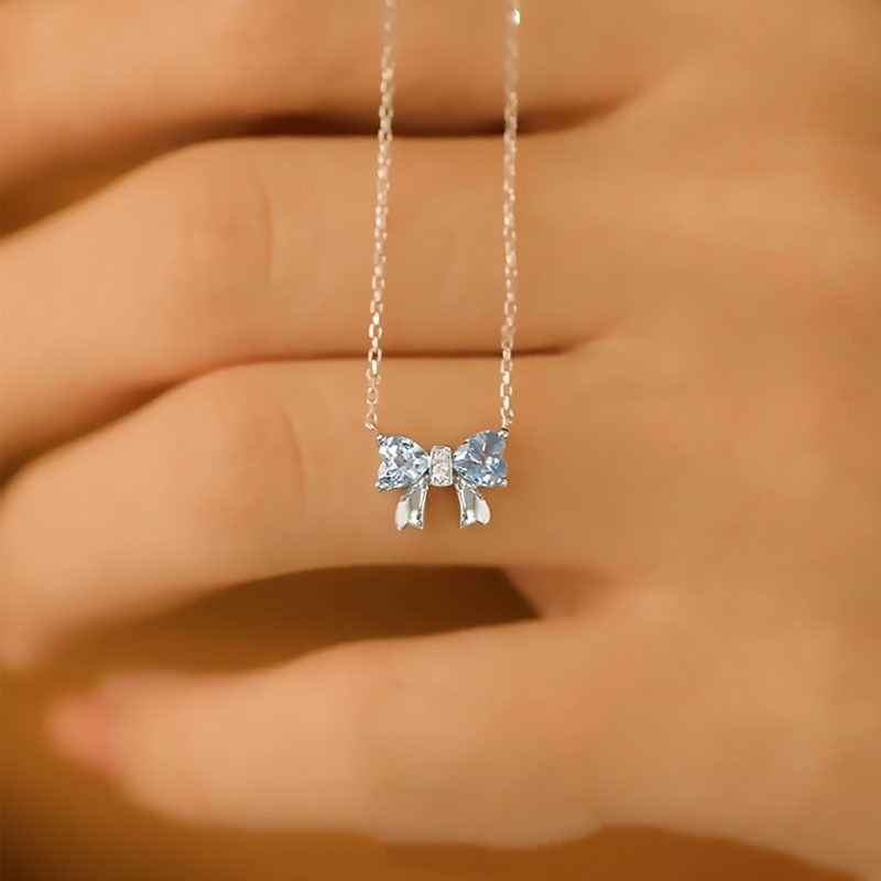 Aquamarine Silver Necklace - Bow Pendant Necklace