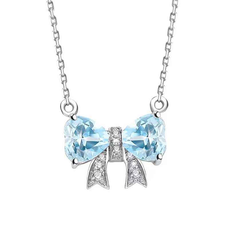 Aquamarine Silver Necklace - Bow Pendant Necklace