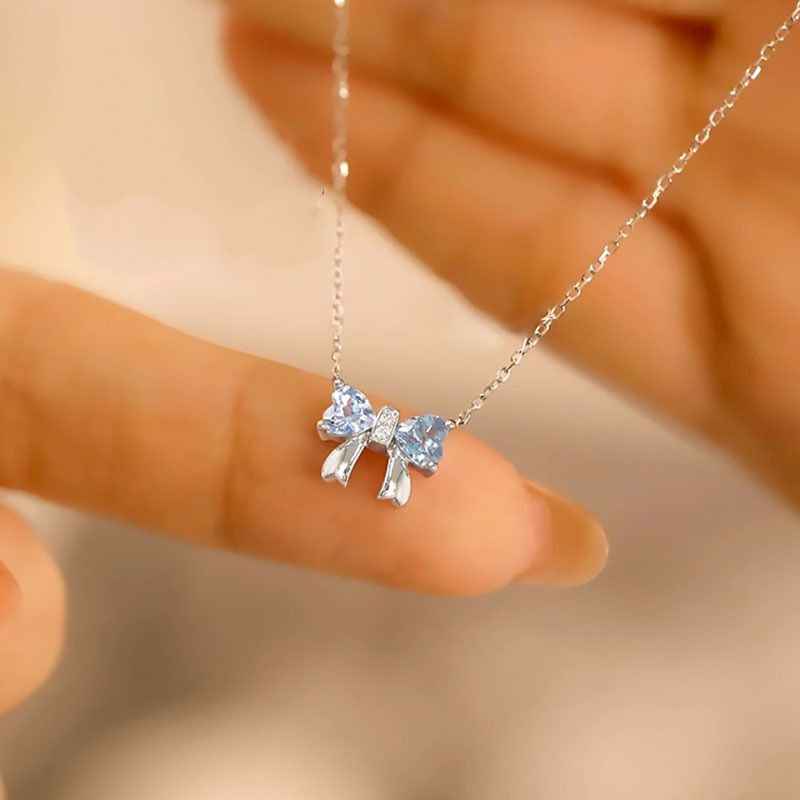 Aquamarine Silver Necklace - Bow Pendant Necklace