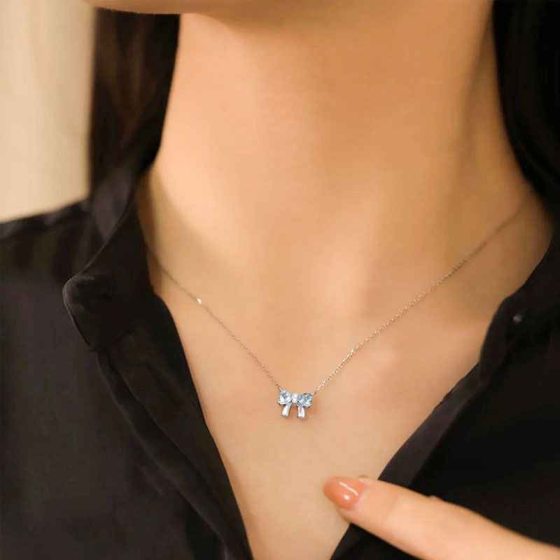 Aquamarine Silver Necklace - Bow Pendant Necklace