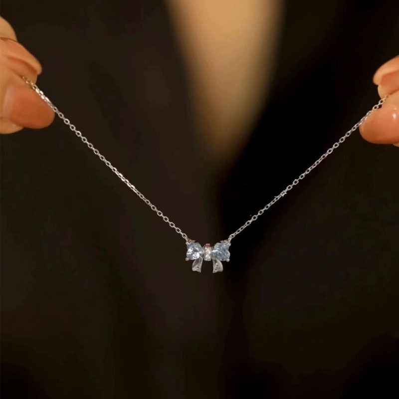 Aquamarine Silver Necklace - Bow Pendant Necklace