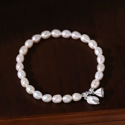 Matching Couple Bracelets - Pearl Bracelet Womens & Silver Bangle Bracelet Men