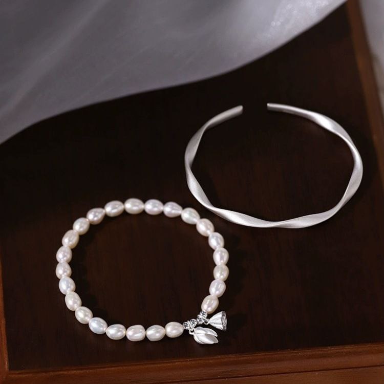 Matching Couple Bracelets - Pearl Bracelet Womens & Silver Bangle Bracelet Men