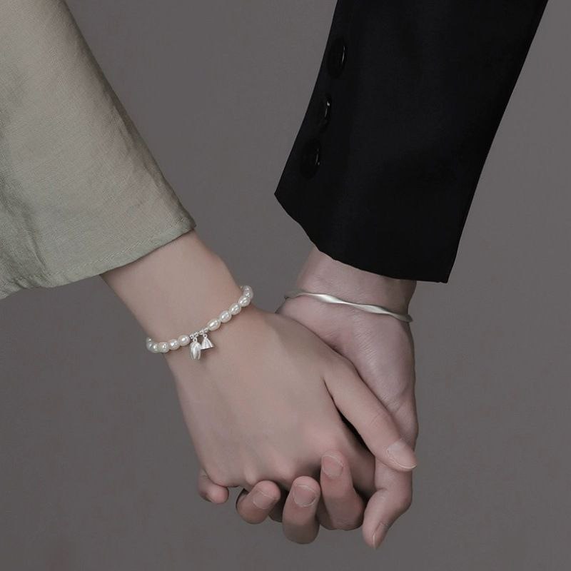 Matching Couple Bracelets - Pearl Bracelet Womens & Silver Bangle Bracelet Men