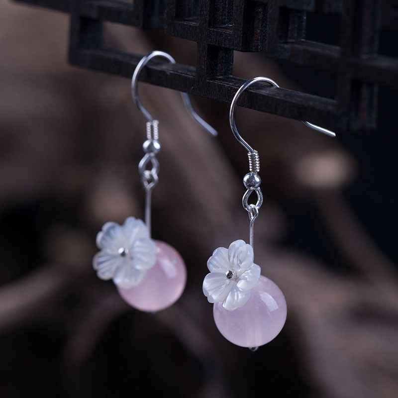 Rose Quartz Drop Earrings - Flower Jewelry