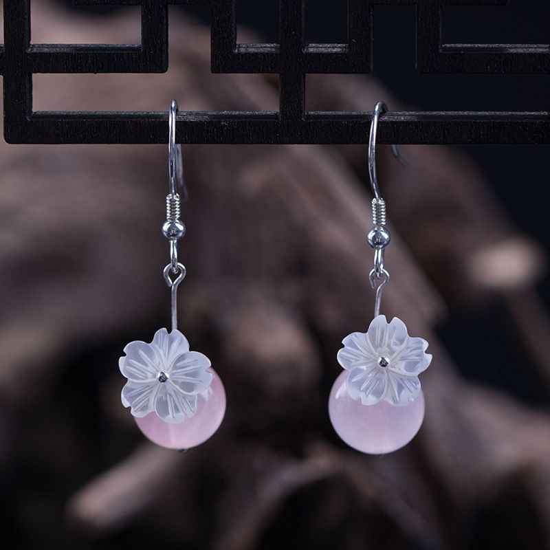 Rose Quartz Drop Earrings - Flower Jewelry