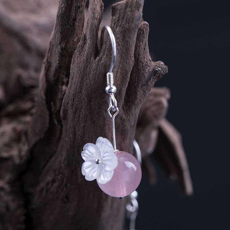 Rose Quartz Drop Earrings - Flower Jewelry