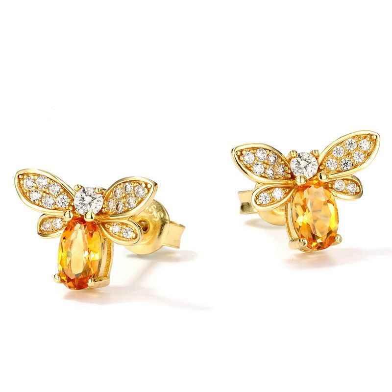 Citrine Stud Earrings - Gold Bee Earrings