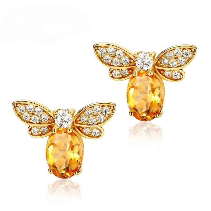 Citrine Stud Earrings - Gold Bee Earrings