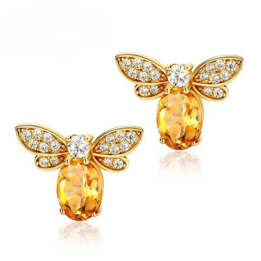 Citrine Stud Earrings - Gold Bee Earrings