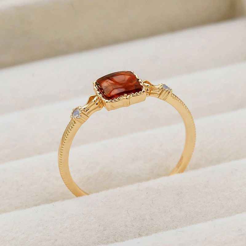 Amber Stone Ring in Sterling Silver - Square Wedding Ring