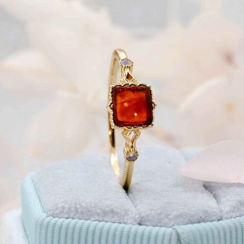 Amber Stone Ring in Sterling Silver - Square Wedding Ring