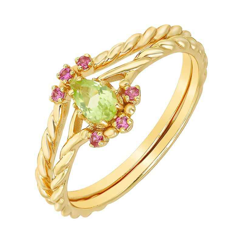 Peridot Gold Ring - Wedding and Engagement Ring Set, Peridot & Ruby Stackable Rings