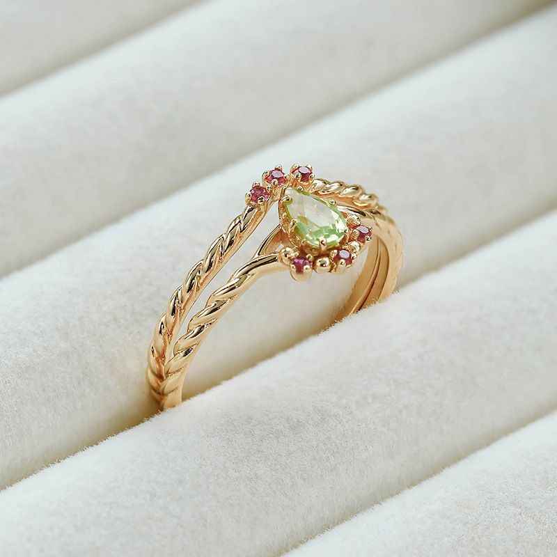 Peridot Gold Ring - Wedding and Engagement Ring Set, Peridot & Ruby Stackable Rings