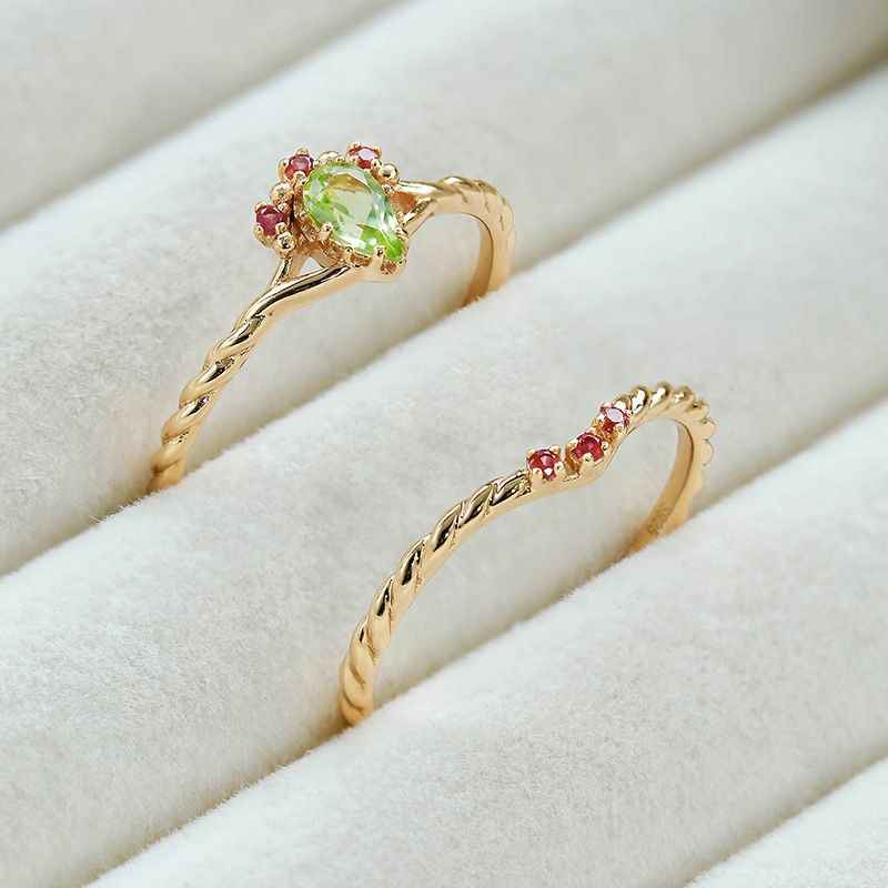 Peridot Gold Ring - Wedding and Engagement Ring Set, Peridot & Ruby Stackable Rings