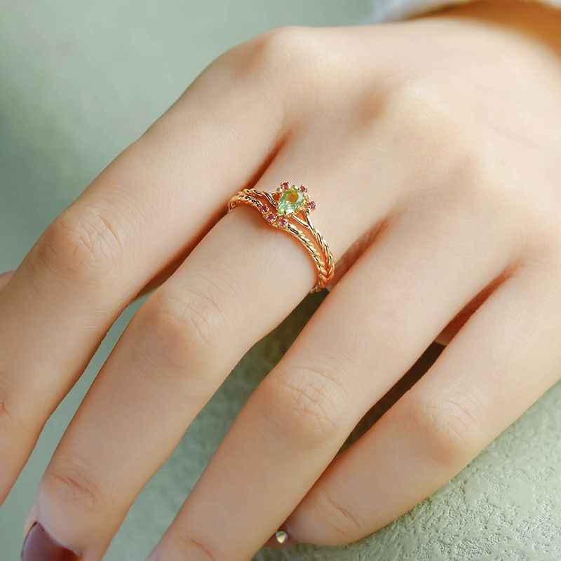 Peridot Gold Ring - Wedding and Engagement Ring Set, Peridot & Ruby Stackable Rings