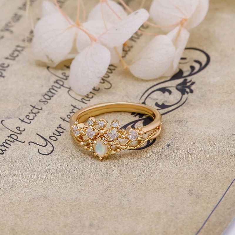 Gold Opal Ring - Wedding and Engagement Ring Set