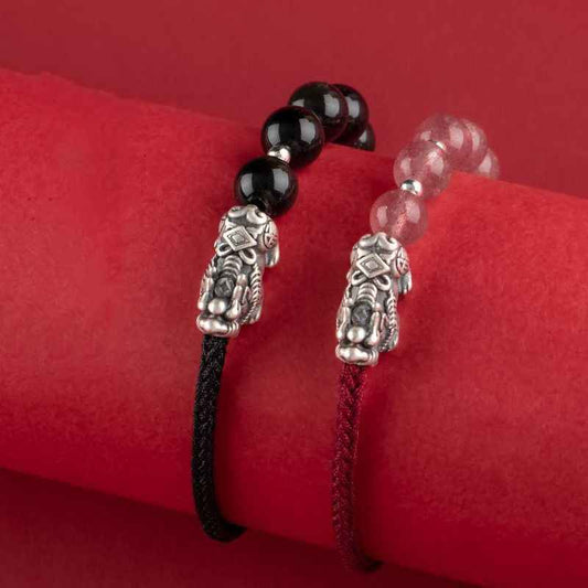 Matching Couple Bracelets - Obsidian & Strawberry Quartz Bracelet - Pixiu Bracelet