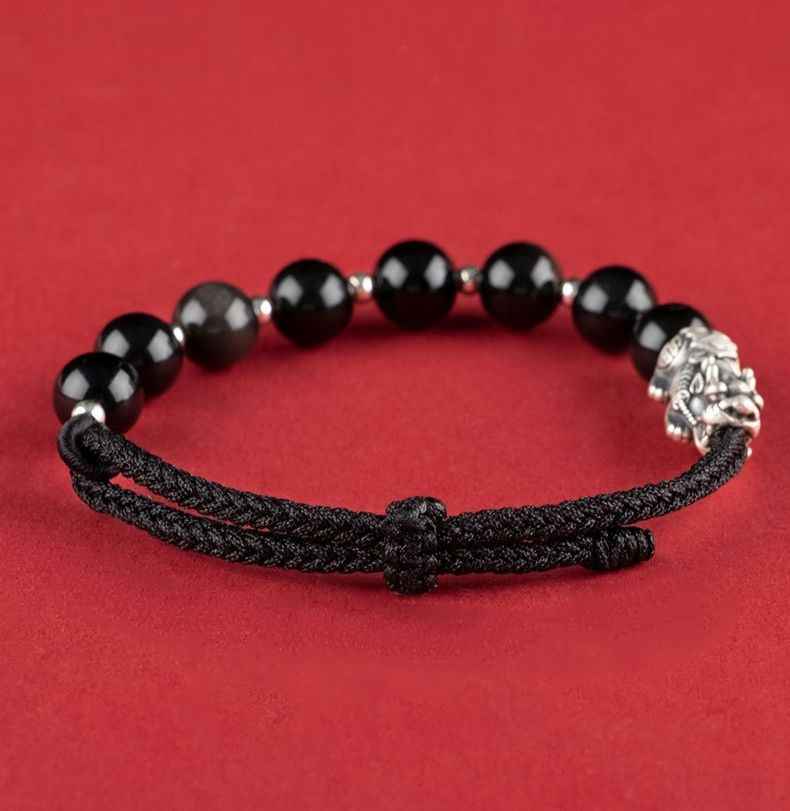 Matching Couple Bracelets - Obsidian & Strawberry Quartz Bracelet - Pixiu Bracelet