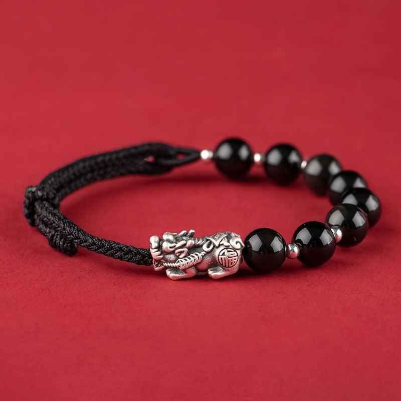 Matching Couple Bracelets - Obsidian & Strawberry Quartz Bracelet - Pixiu Bracelet