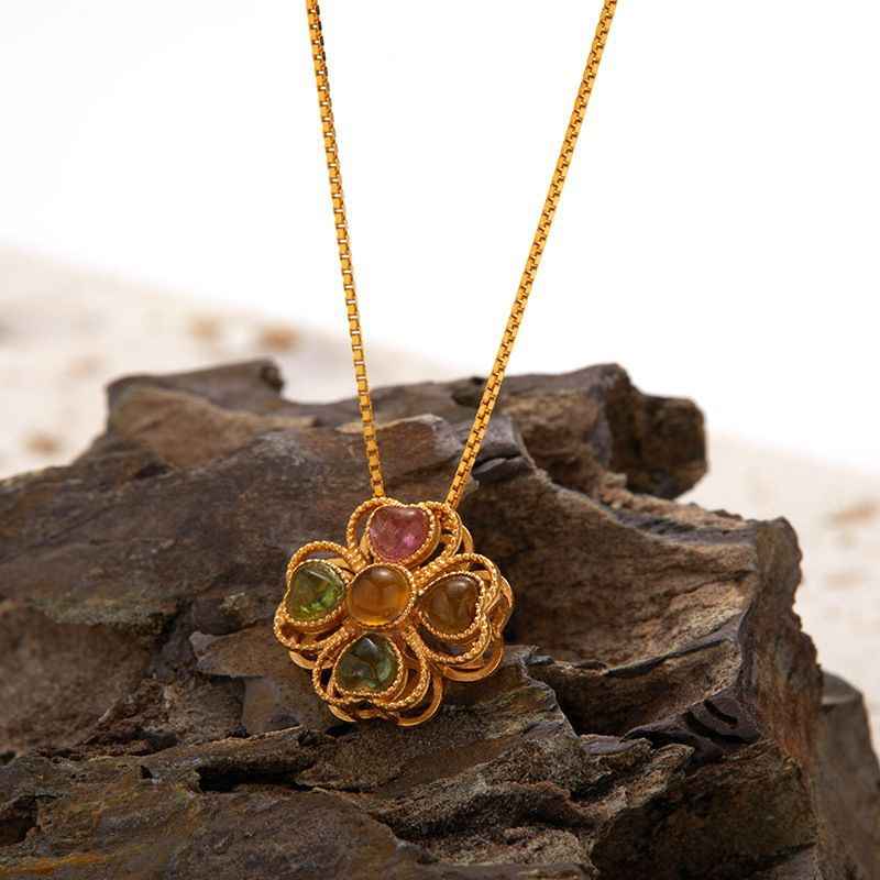 Tourmaline Necklace - 4 Leaf Clover Necklace, Gold Necklace for Women