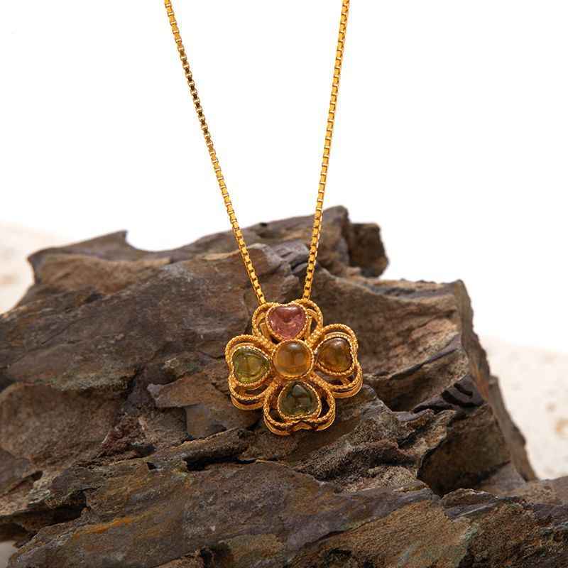 Tourmaline Necklace - 4 Leaf Clover Necklace, Gold Necklace for Women