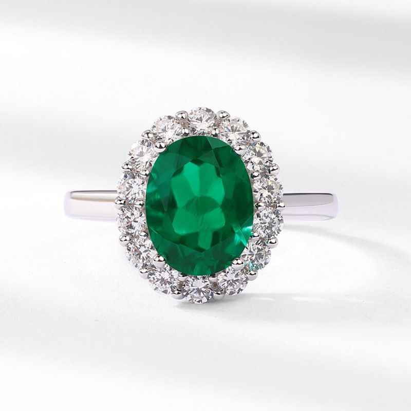 Oval Emerald Ring - Green Jewelry, Halo Ring