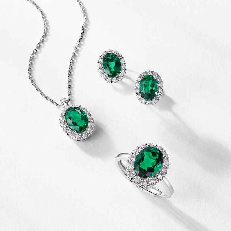 Emerald Earrings Studs - Green Jewelry Set