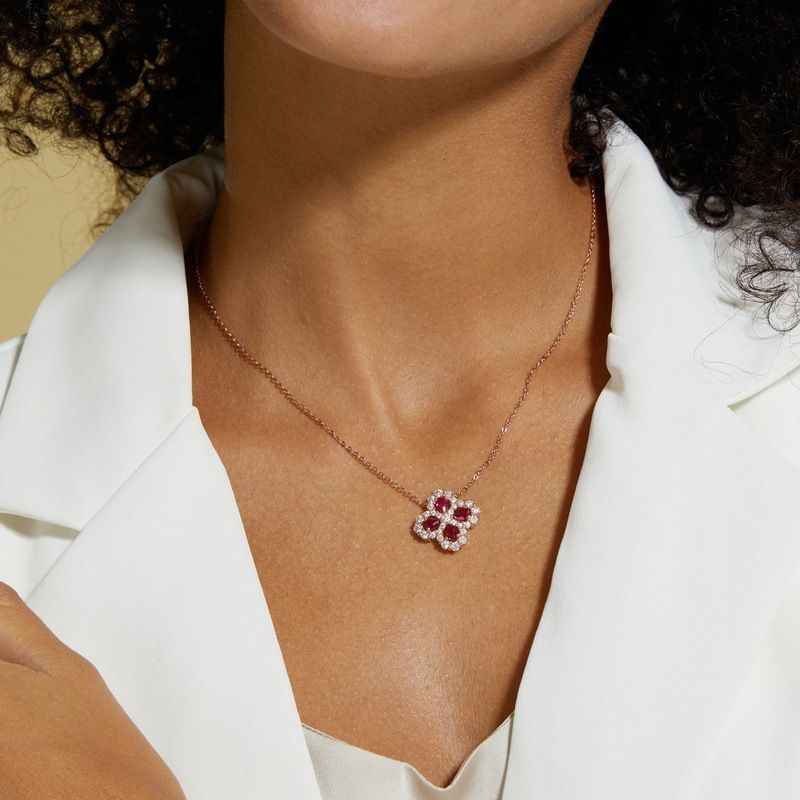 Rose Gold Ruby Necklace - Clover Pendant