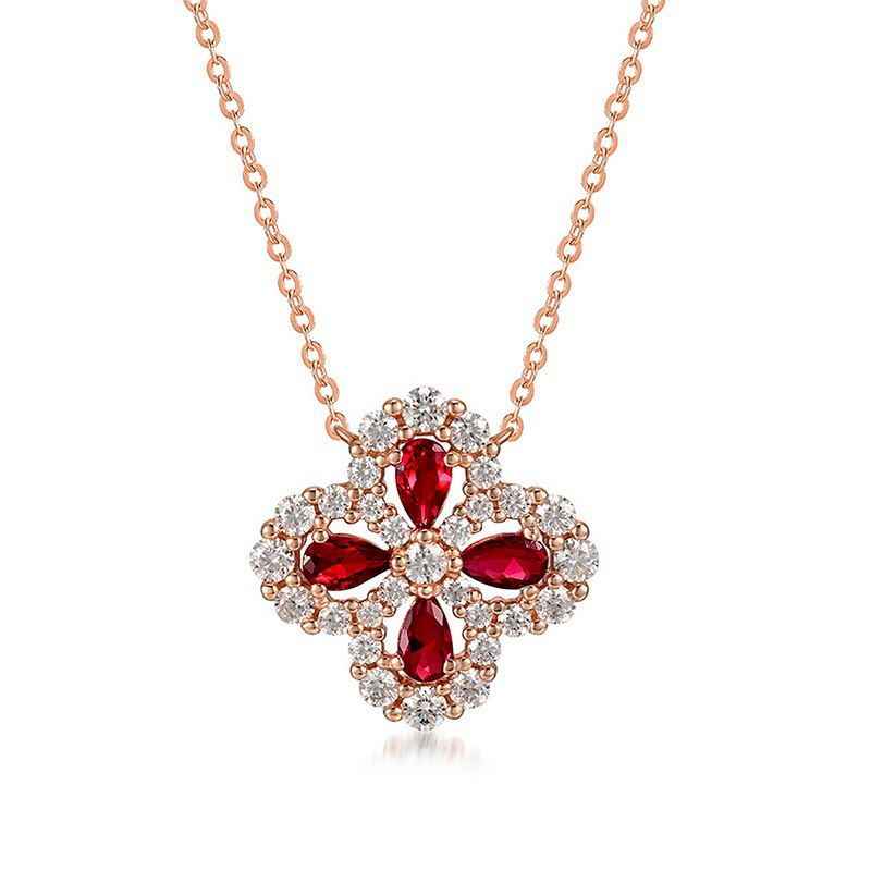 Rose Gold Ruby Necklace - Clover Pendant